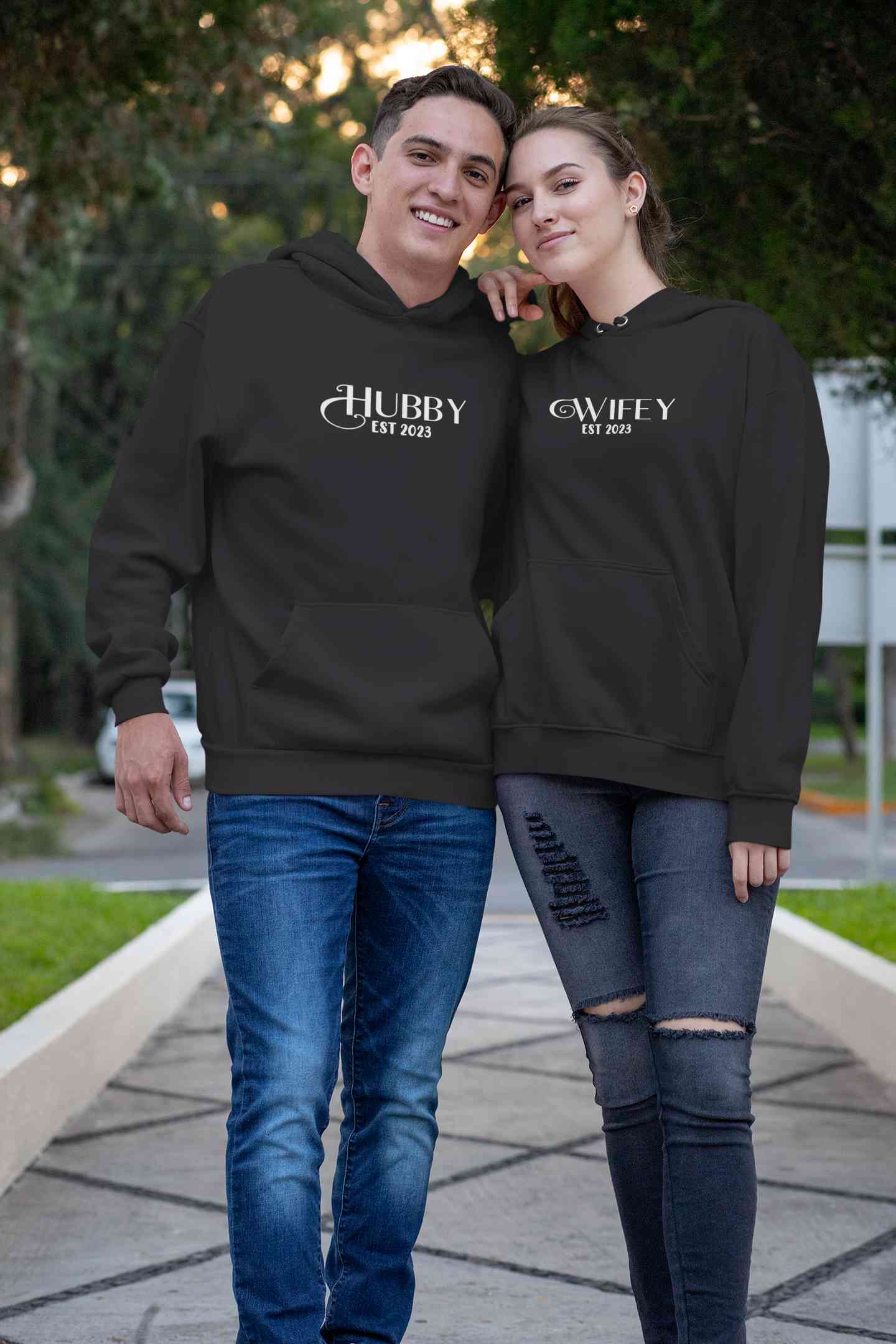 Hubby Wifey Est 2023 Couple Hoodie-FunkyTeesClub