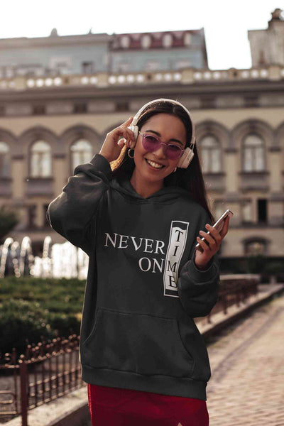 Never On Time Typography Hoodies for Women-FunkyTeesClub