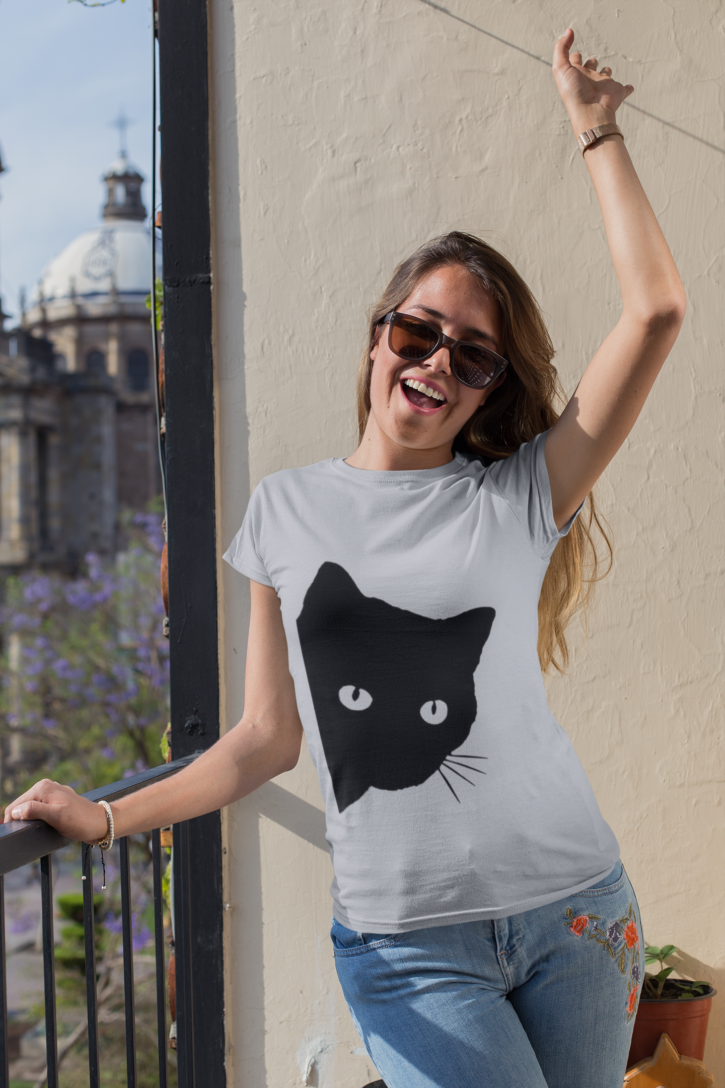 Peeking Cat Women Half Sleeves T-shirt- FunkyTeesClub