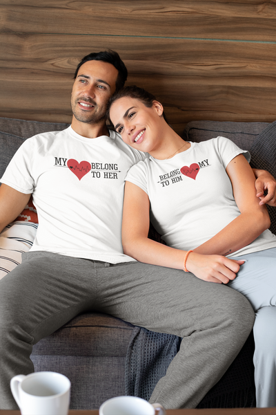 My Heart Belong To Him Her Couple Half Sleeves T-Shirts -FunkyTeesClub
