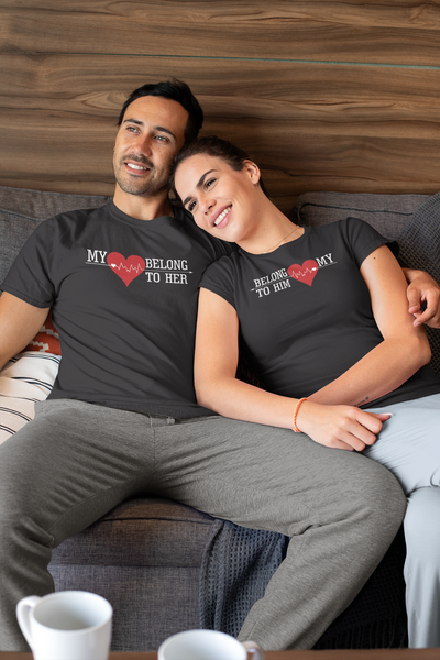 My Heart Belong To Him Her Couple Half Sleeves T-Shirts -FunkyTeesClub