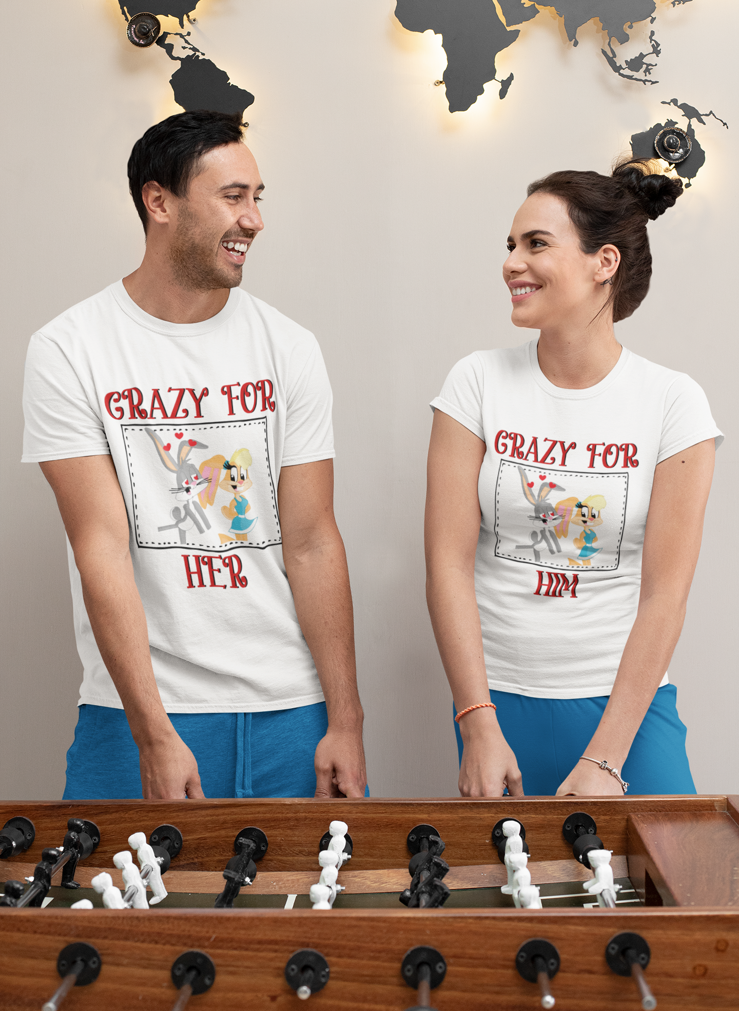 Bunny Couple Crazy For Him Her Couple Half Sleeves T-Shirts -FunkyTeesClub
