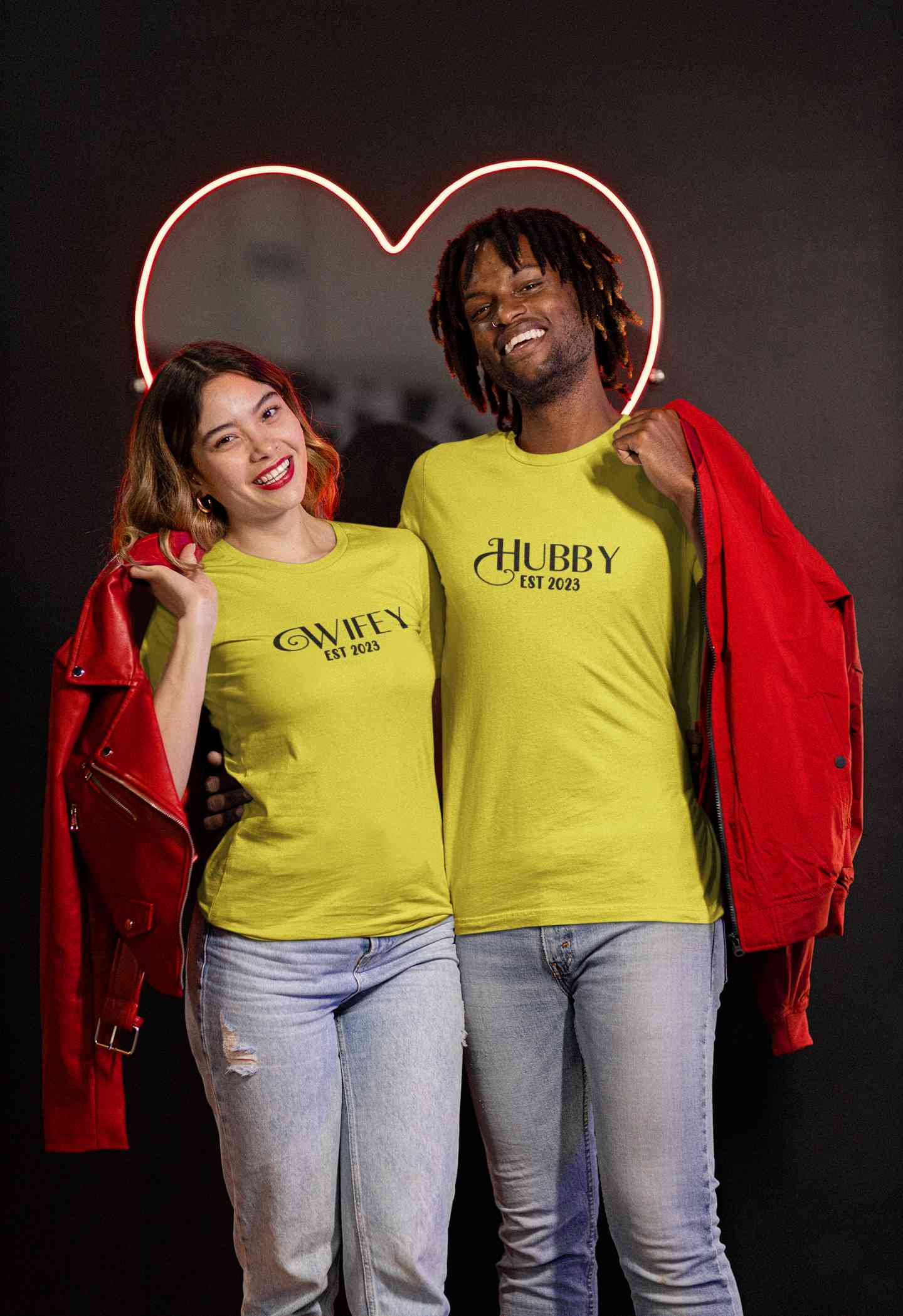 Hubby Wifey Est 2023 Couple Half Sleeves T-Shirts -FunkyTeesClub