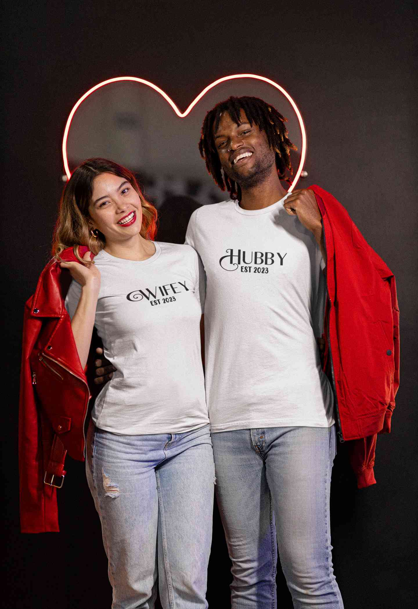 Hubby Wifey Est 2023 Couple Half Sleeves T-Shirts -FunkyTeesClub