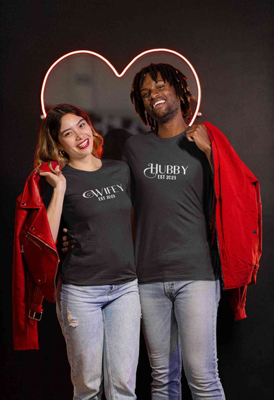 Hubby Wifey Est 2023 Couple Half Sleeves T-Shirts -FunkyTeesClub