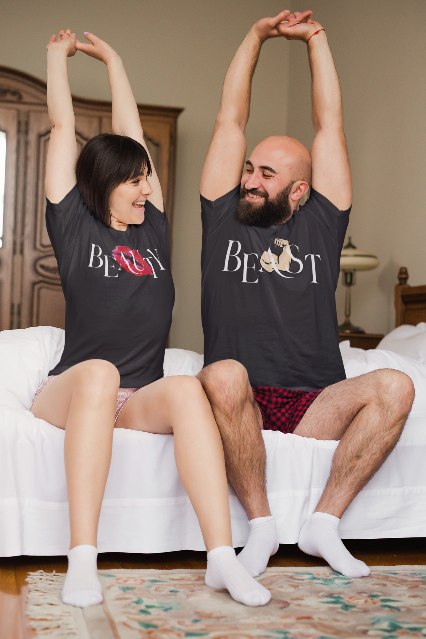 Beauty Beast Couple Half Sleeves T-Shirts -FunkyTeesClub