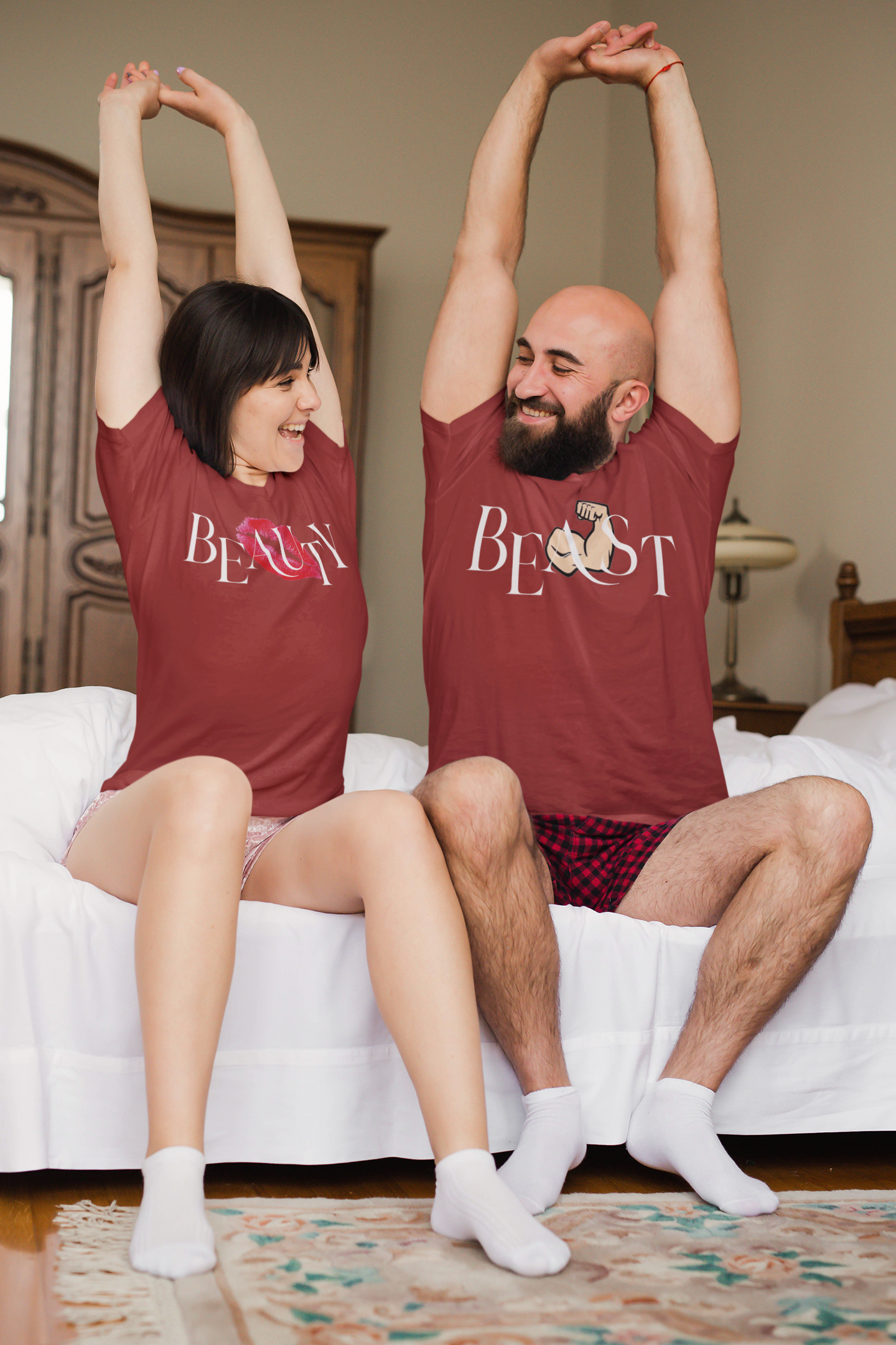 Beauty Beast Couple Half Sleeves T-Shirts -FunkyTeesClub