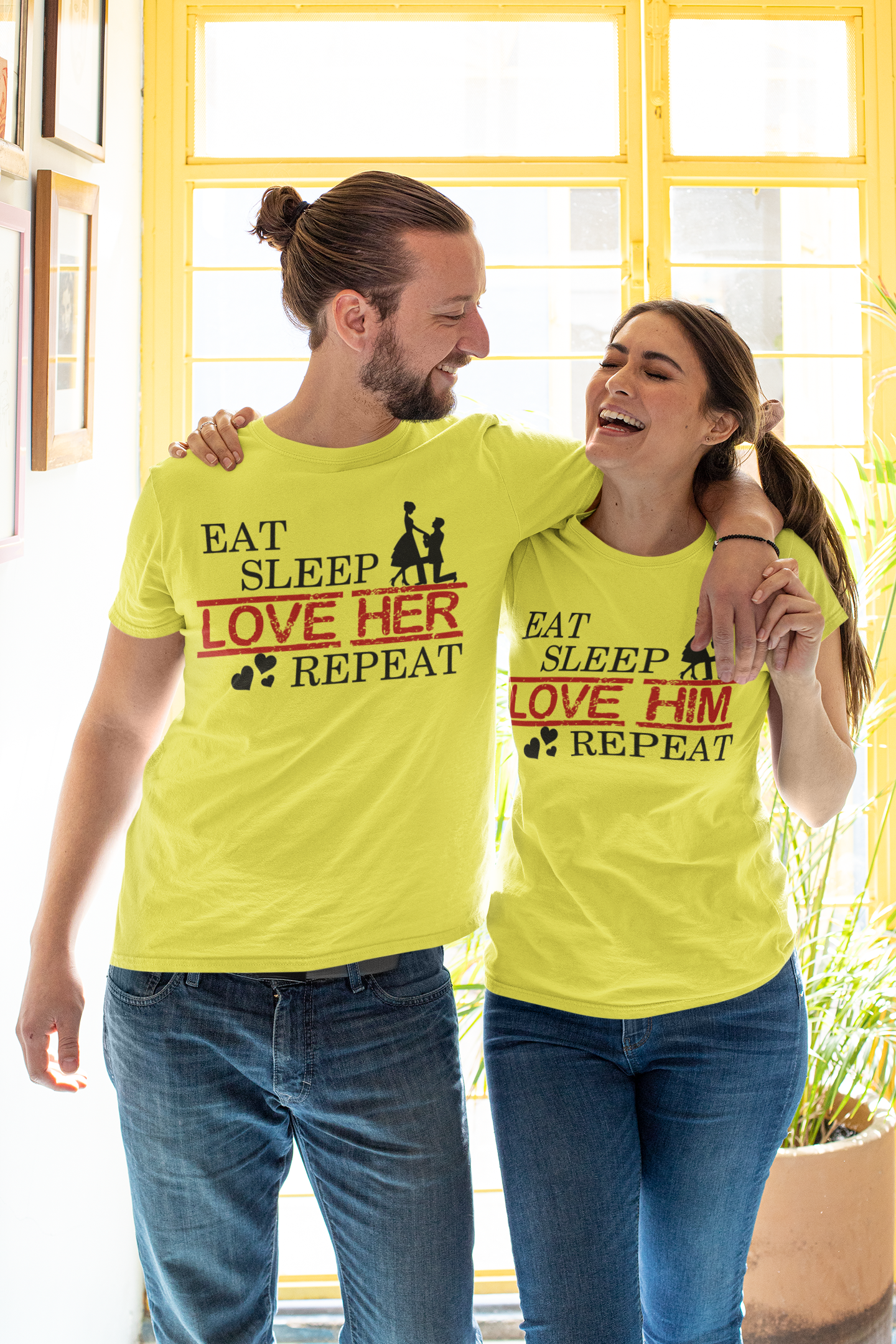Eat Sleep Love Her Him Couple Half Sleeves T-Shirts -FunkyTeesClub