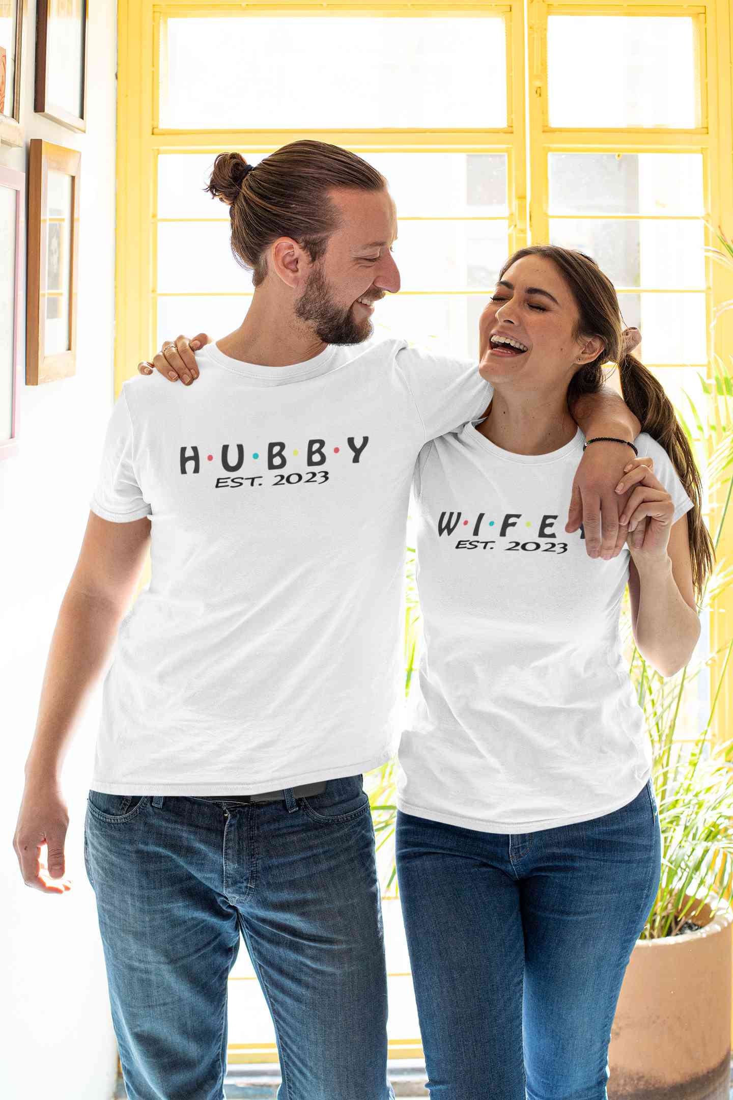 Hubby Wifey Est 2023 Couple Half Sleeves T-Shirts -FunkyTeesClub