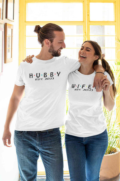 Hubby Wifey Est 2023 Couple Half Sleeves T-Shirts -FunkyTeesClub