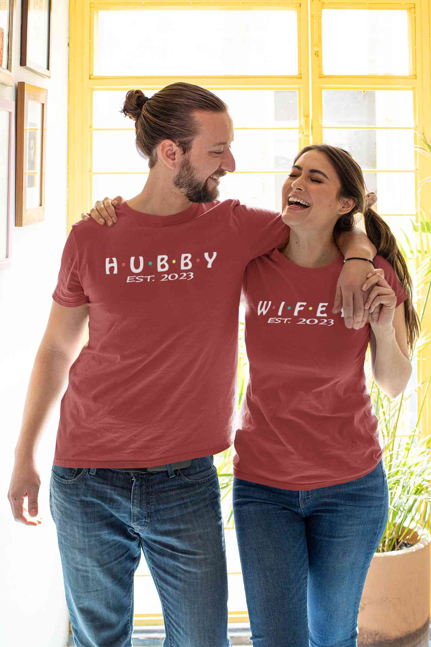 Hubby Wifey Est 2023 Couple Half Sleeves T-Shirts -FunkyTeesClub