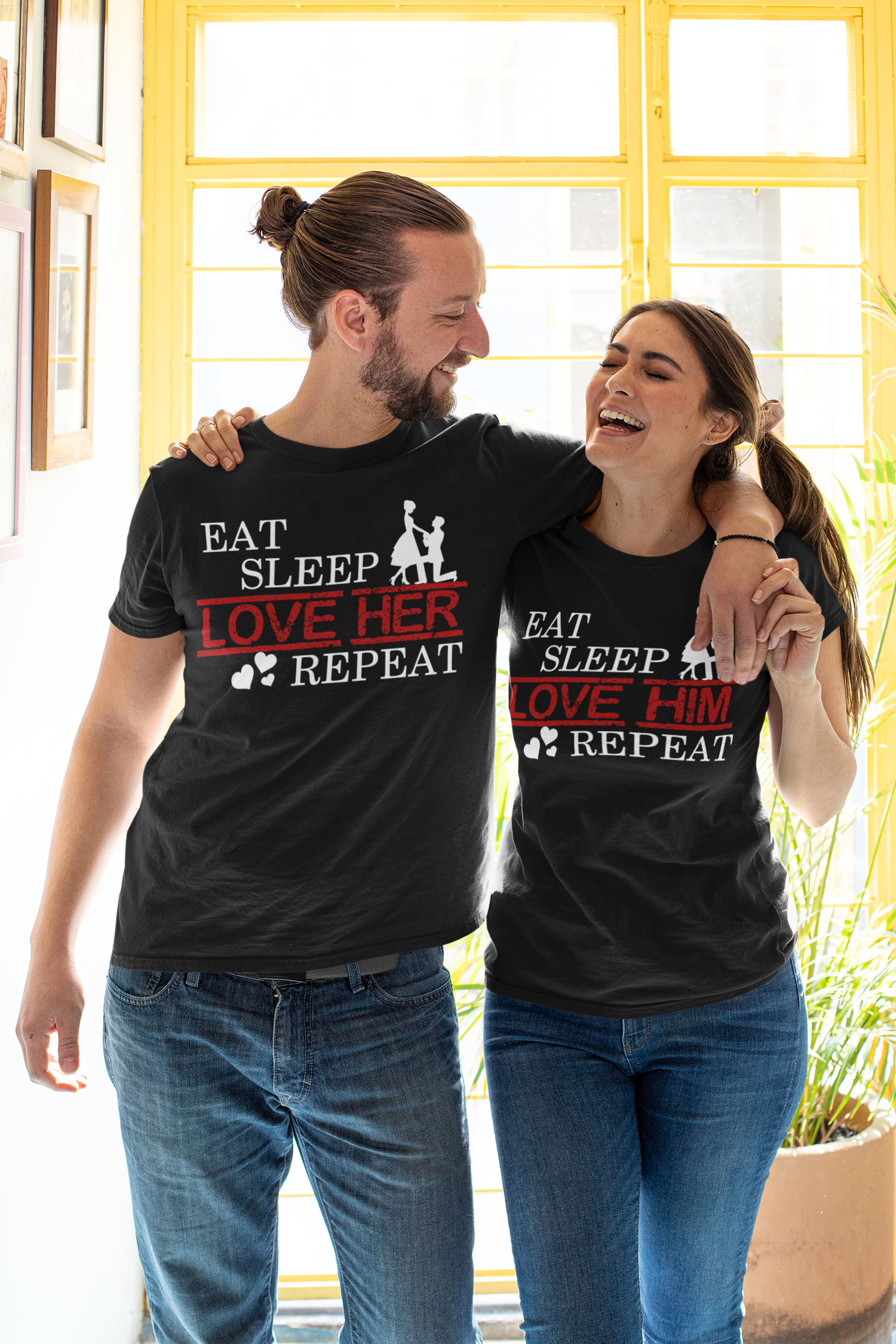 Eat Sleep Love Her Him Couple Half Sleeves T-Shirts -FunkyTeesClub