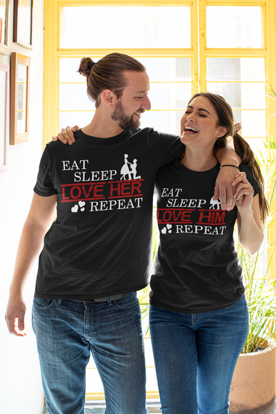 Eat Sleep Love Her Him Couple Half Sleeves T-Shirts -FunkyTeesClub