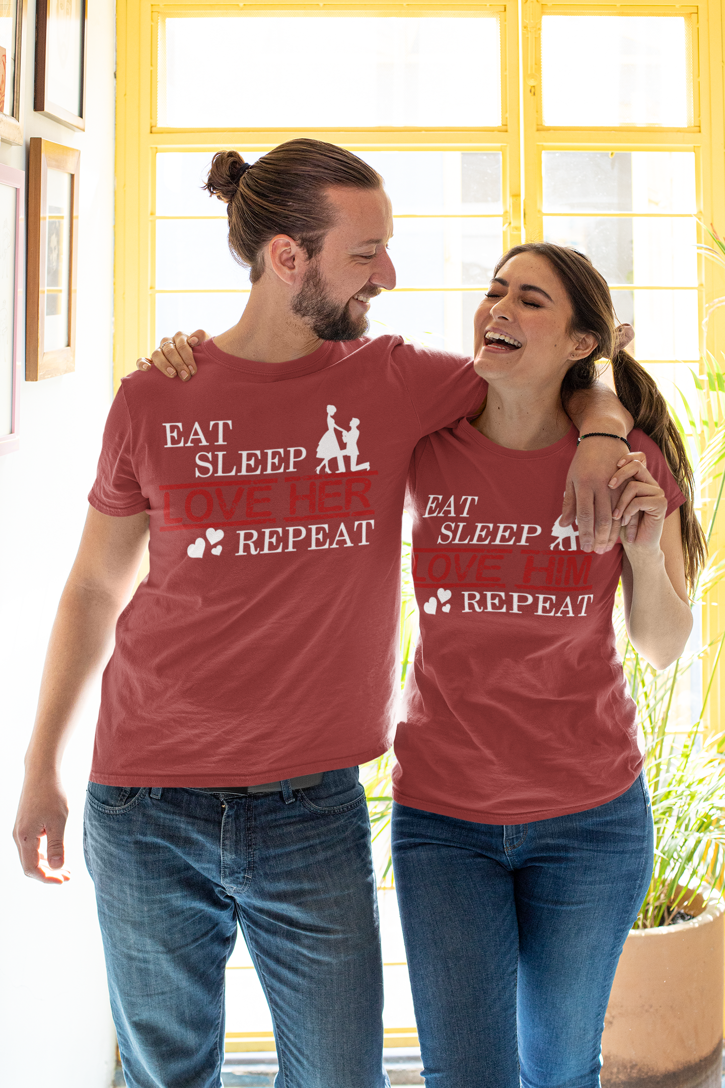 Eat Sleep Love Her Him Couple Half Sleeves T-Shirts -FunkyTeesClub