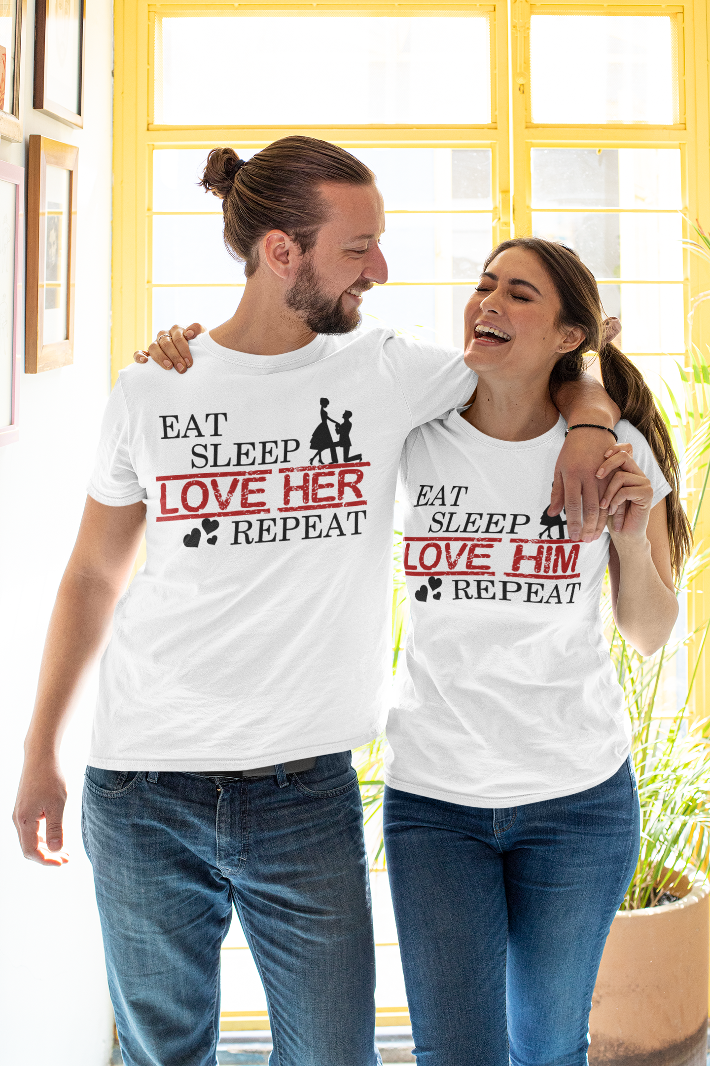 Eat Sleep Love Her Him Couple Half Sleeves T-Shirts -FunkyTeesClub