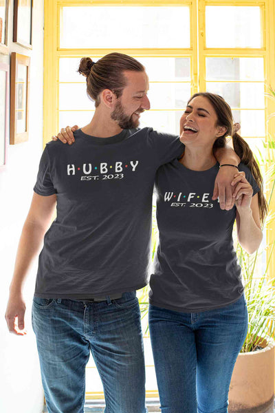 Hubby Wifey Est 2023 Couple Half Sleeves T-Shirts -FunkyTeesClub