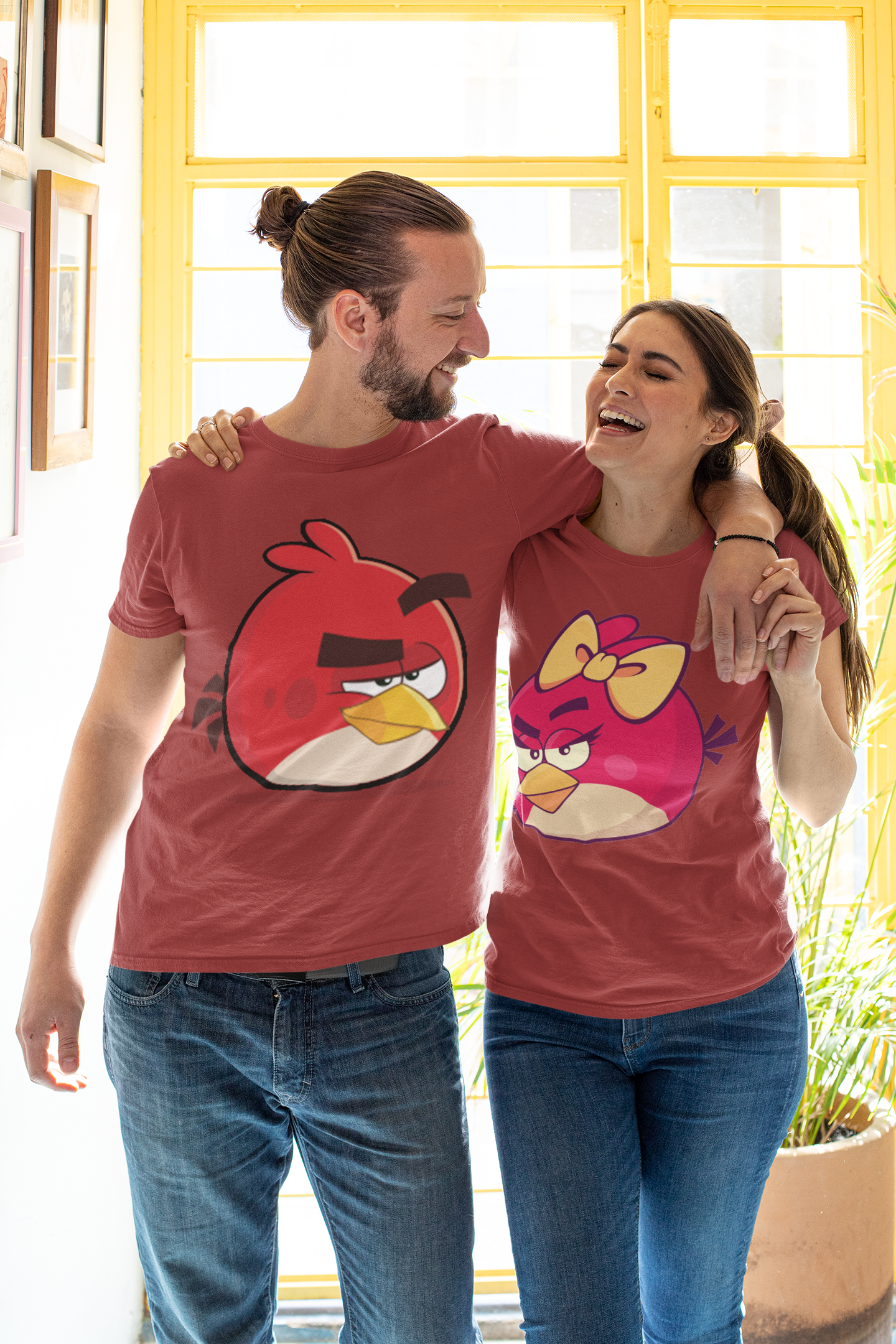 Angry Bird Couple Half Sleeves T-Shirts -FunkyTeesClub