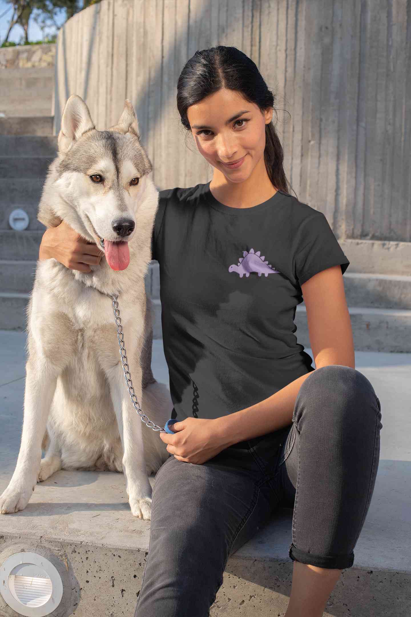 Stegosaurus Pocket Women Half Sleeves T-shirt- FunkyTeesClub