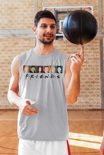 Men's sleeveless gym vest, light gray with colorful Friends graphic print