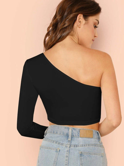 Trendy Solid One-Shoulder Crop Top - FunkyTeesClub - Funky Tees Club