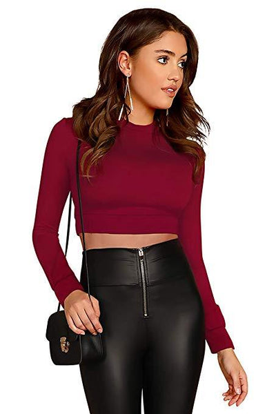 Women Solid Long Sleeve Crop Tops-FunkyTeesClub - Funky Tees Club